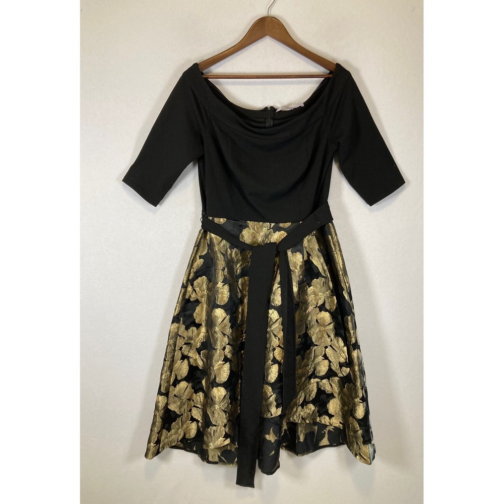 Elegant Luxe by Carmen Marc‎ Valvo Women 16 Black Gold Floral High-Low Dress